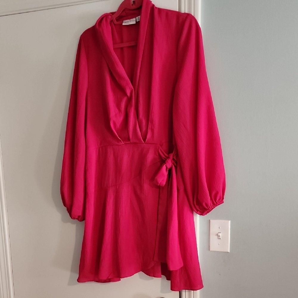 Premier Pink Cowl Neck Wrap Dress with Bishop Sleeves